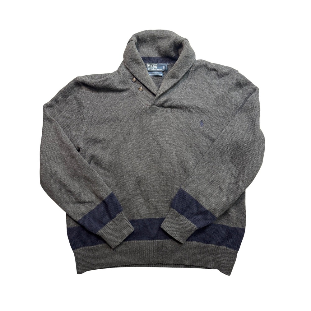 Polo Ralph Lauren Shawl Collar Sweater XL Gray Navy Blue Cotton Knit Vintage